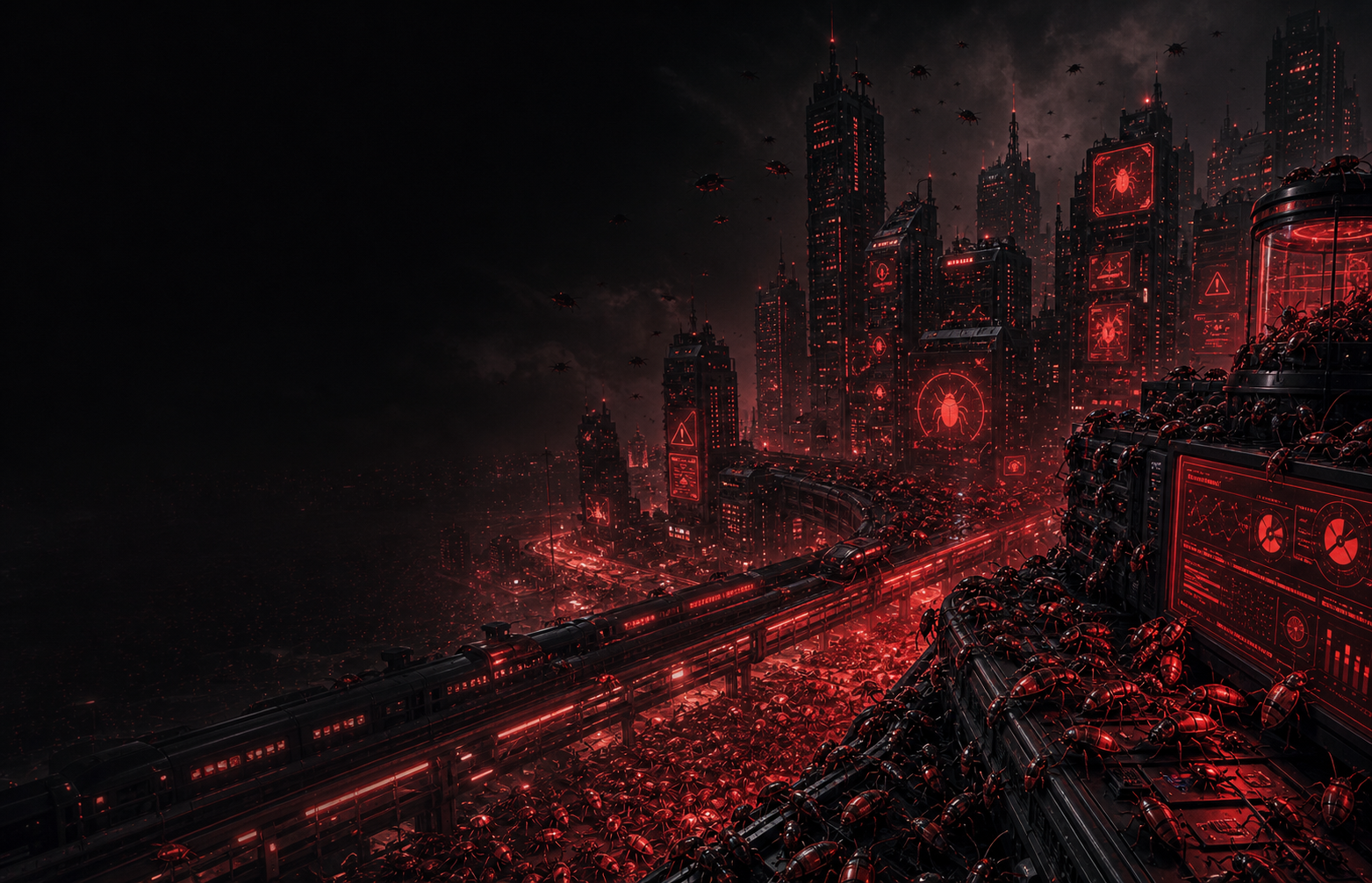 Black and red cyberpunk city overwhelmed by swarms of small cockroaches