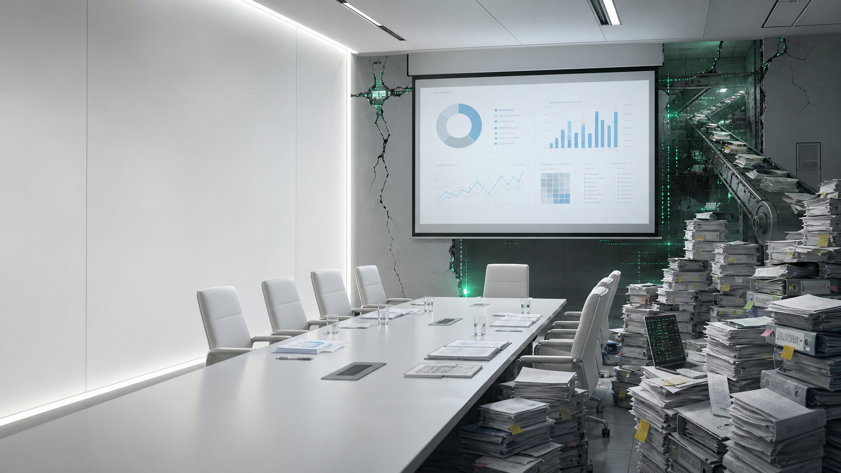 Corporate boardroom invaded by software slop machinery
