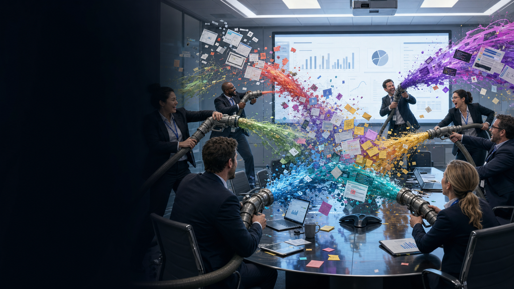 Corporate workers firehosing streams of digital slop at each other in a boardroom