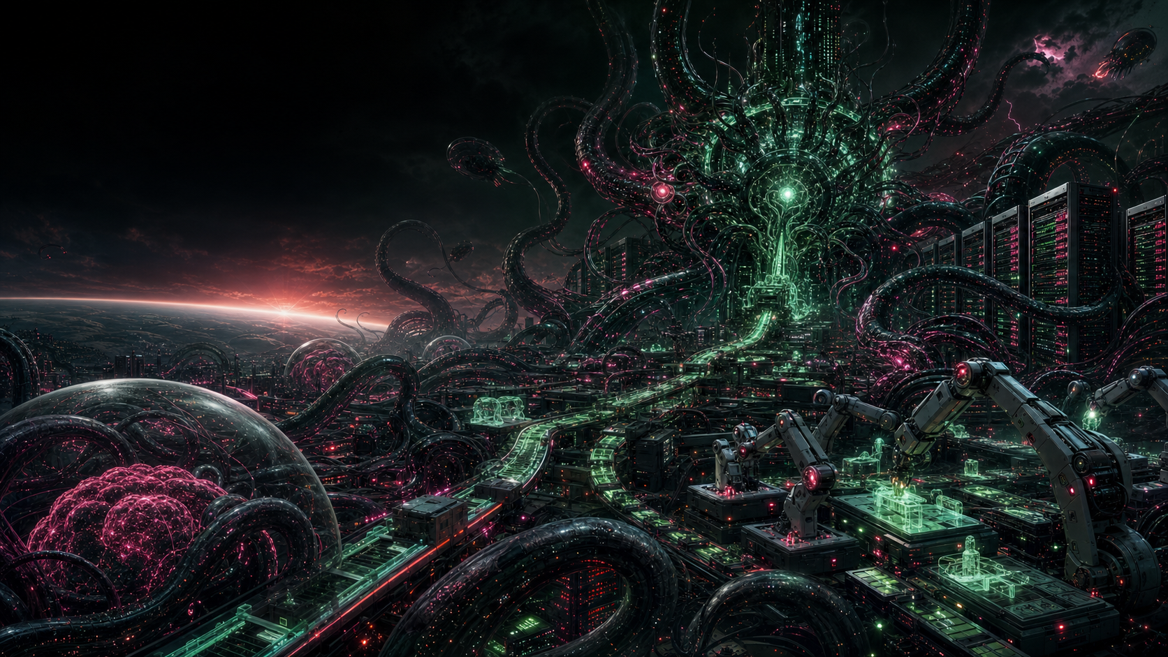 Tentacled global software ecosystem fused with data centers and robot factories