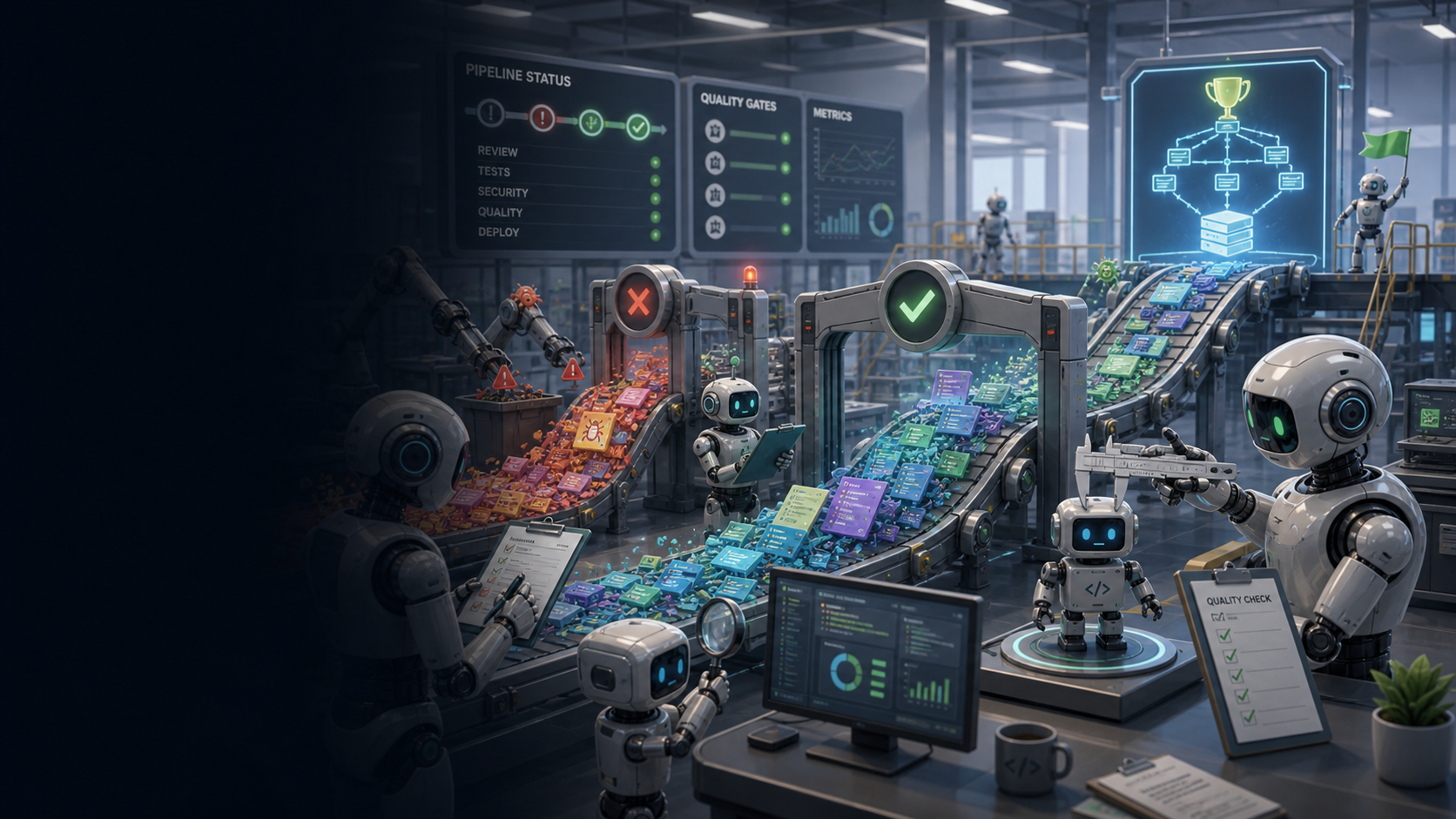 Robots evaluating robot contributions and routing software slop through quality gates