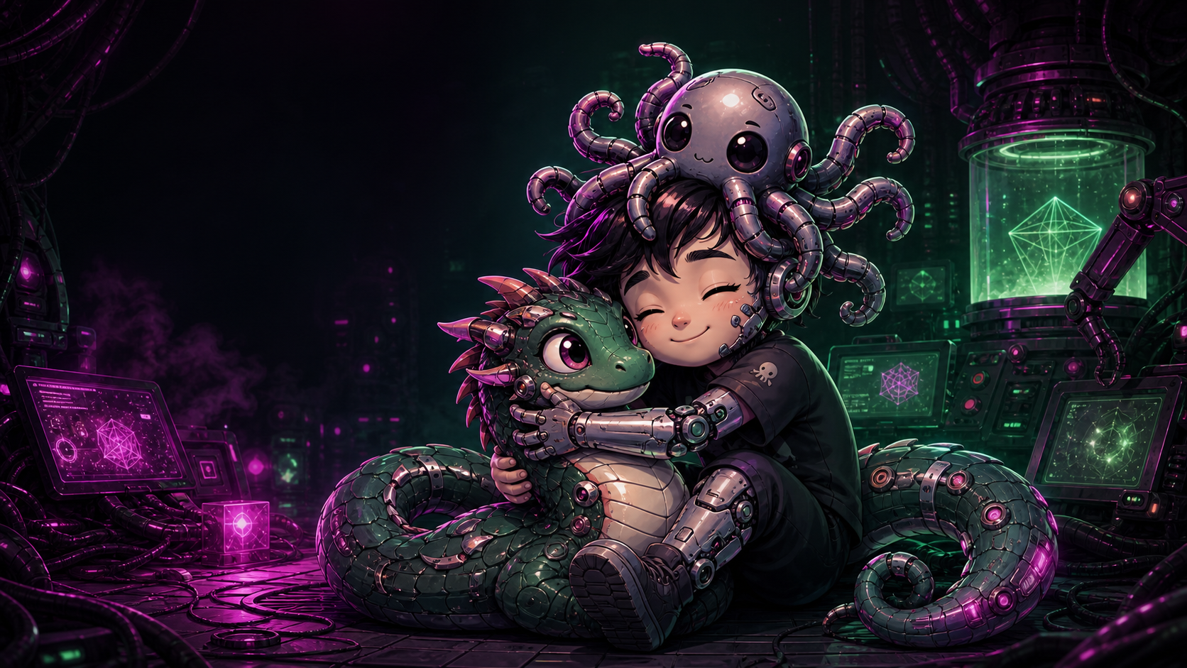 Cartoon cyborg kid with a robotic octopus on their head hugging a cute cybernetic basilisk