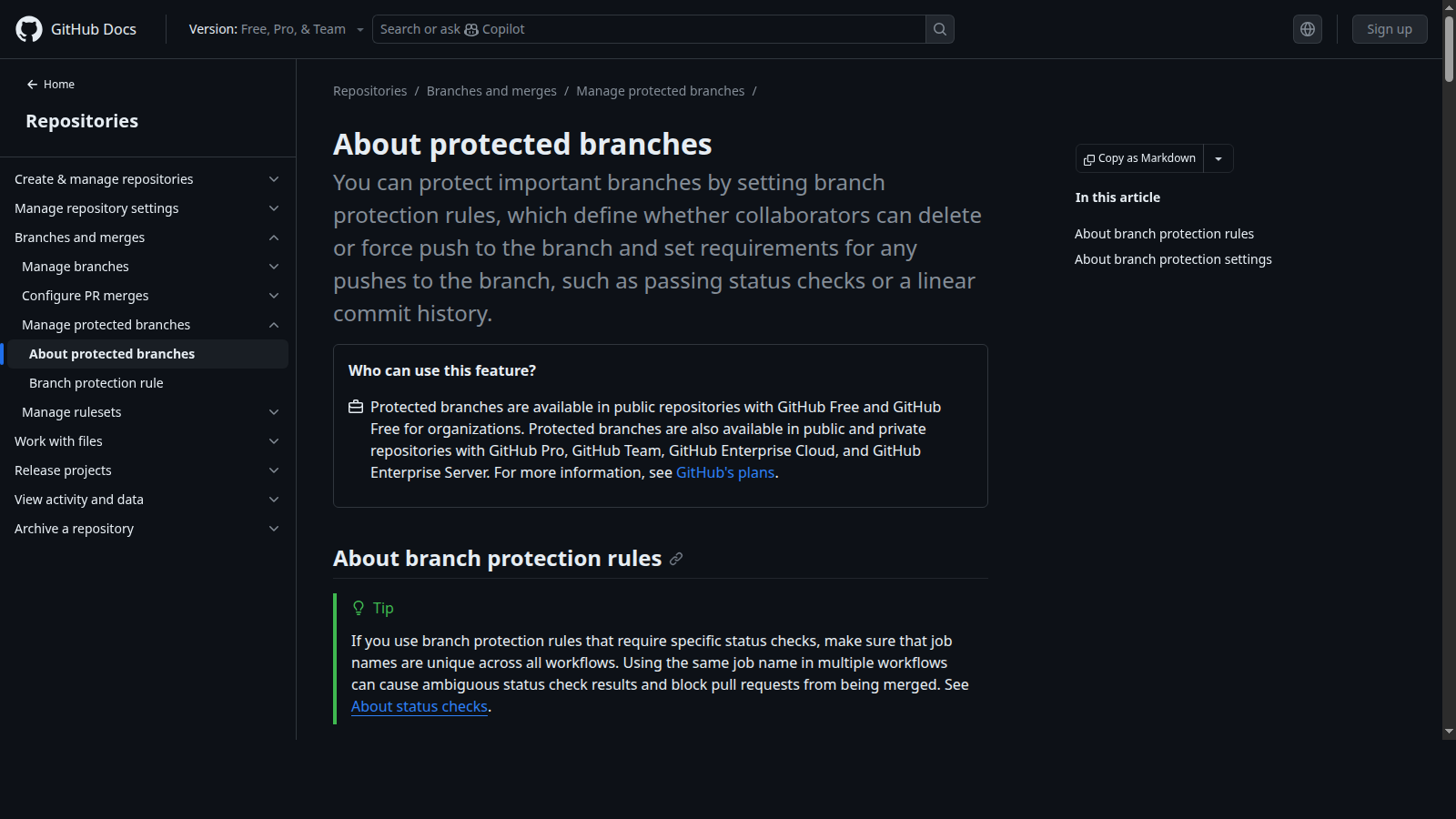 GitHub protected branches documentation screenshot